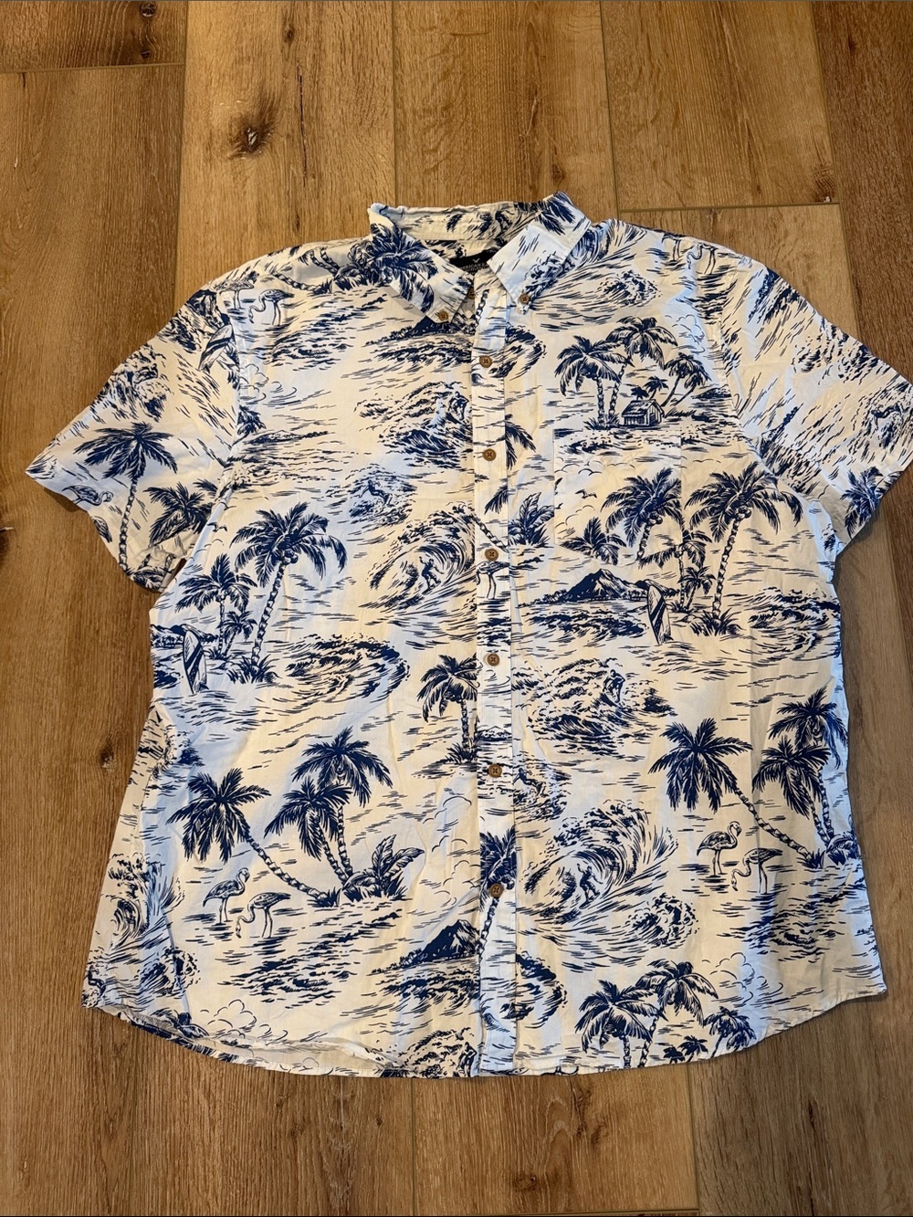 American Eagle Outfitters | White and Blue Tropical Print Button-Up Shirt | XXXL
